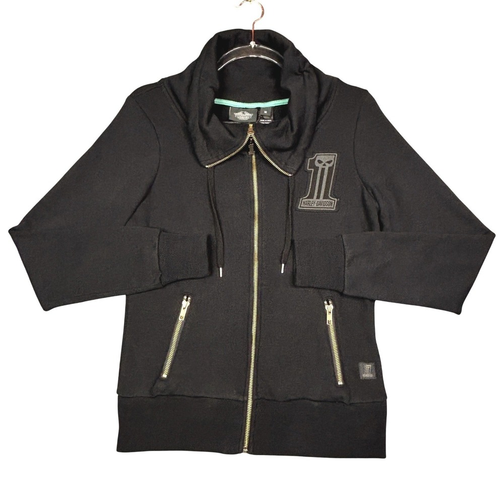 Harley-Davidson Womens Black Zip Up Cowl Neck Sweatshirt Jacket Number 1 Skull M